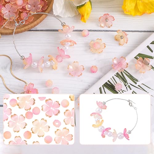 Pink Gradient Flower Beads & Round Charm Set for Jewelry Making - 200Pcs