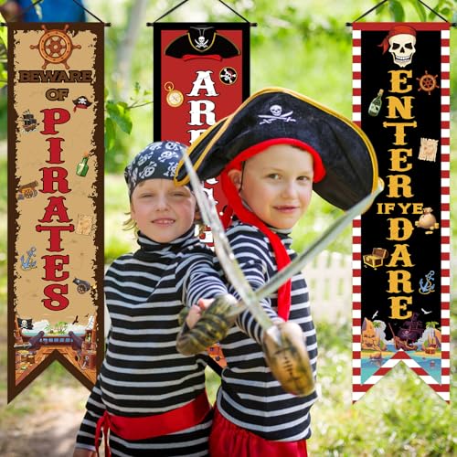 Pirate Party Decorations Banner Set - Beware of Pirates, Arrrggh Matey, Enter of Ye Dare - 3 Pieces, Pirate Theme Flags with Wooden Rod & Ribbons - Variation: 3 / Pirate