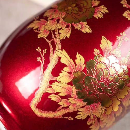 9 Inch Glossy Vintage Ceramic Vase with Floral Design - Wine Red