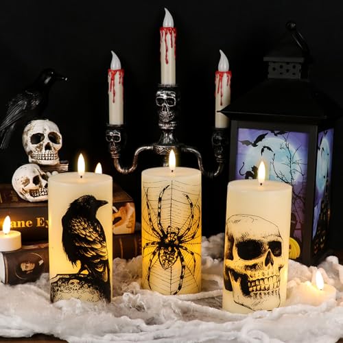 Halloween Skull Flameless Candles Set with Remote & Timer - Real Wax, 3 Pack