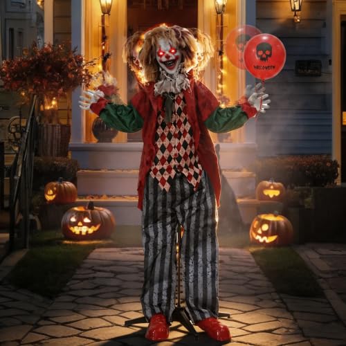 Halloween Animatronic Clown Decor - Life-Size Standing Haunted House Prop with Lighted Eyes & Sound