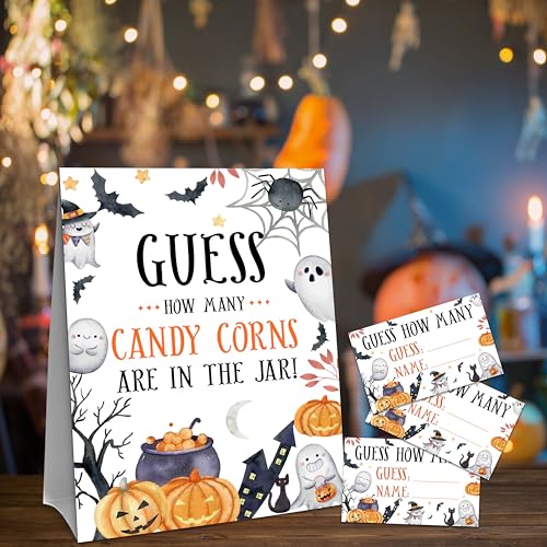 Halloween Candy Corn Jar Guessing Game Sign with 50 Cards - Spider Web Variation