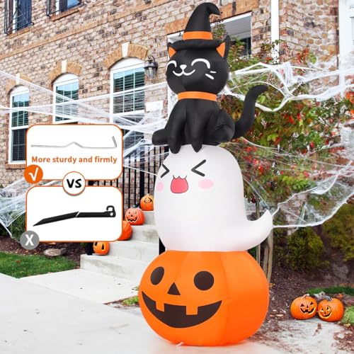 6 Ft Halloween Inflatable Pumpkin Ghost and Black Cat Yard Decor with LEDs