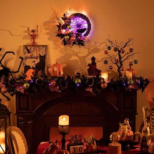 Valery Madelyn 18-Inch Pre-Lit Halloween Wreath for Front Door Decor - Timer