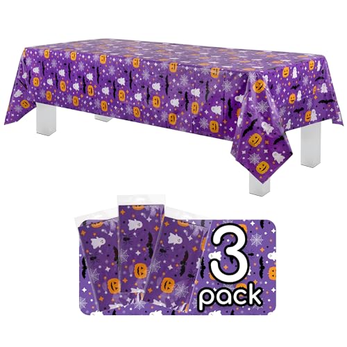 Halloween Purple Tablecloth 54x108 Inches - 3 Pack Disposable Plastic Rectangular Table Covers
