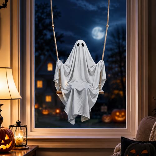 Halloween Static Window Cling - Cute White Ghost on Swing - Reusable Spooky Ghost Window Sticker - Style6