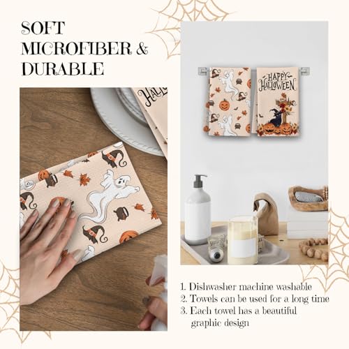 Halloween Kitchen Towels Set - Black Cat Pumpkins & Ghosts - Color 2