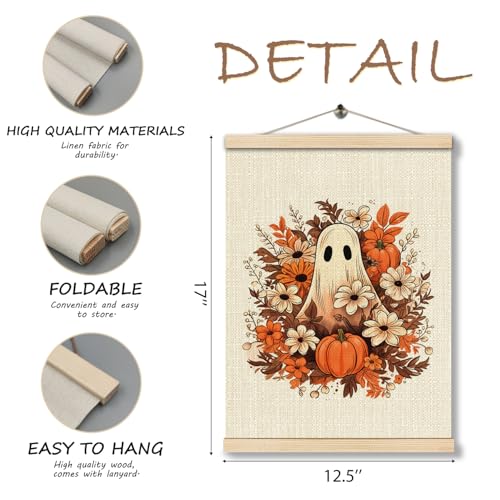 Halloween Ghost Farmhouse Wall Decor - Rustic Fall Wooden Poster with Hanger, 17 x 12.5 Inches