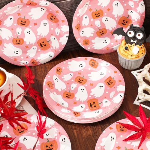 Pink Ghost & Pumpkin Halloween Paper Plates 7 Inch - 24 Pack Disposable Party Tableware
