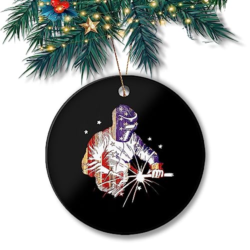 American Flag Welder Worker Christmas Keepsake Ornament - 3 Inch Ceramic Tree Decoration