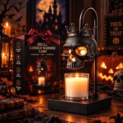Gothic Skull Candle Warmer Lamp with Timer & Dimmer - Adjustable Height, Flameless Wax Melter