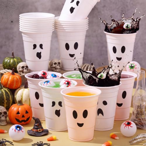 Halloween Ghost Face Plastic Cups 16oz Disposable Party Drinkware - 60 Pcs Variation of Ghost Face