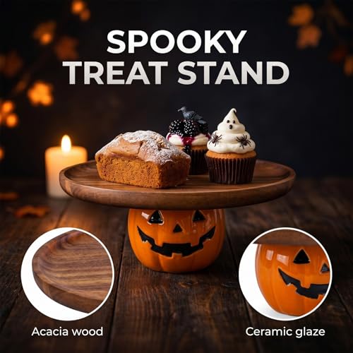 Halloween Pumpkin Cake Stand with Acacia Wood Tray and Ceramic Jack-o'-Lantern Base - Brown, 10.2 Inch