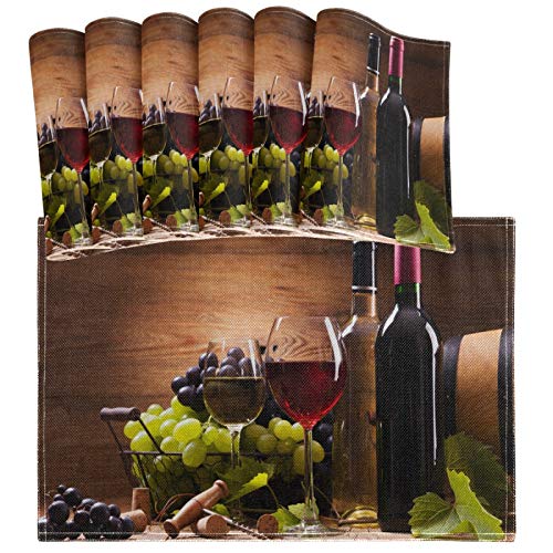 Wine Glasses Placemat Set of 6 - Red & White Grape Wooden Heat-Resistant Washable Table Mats - Multi 7 / 6