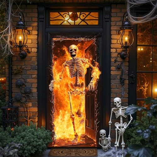 Large Halloween Skeleton Door Cover with Fire Escape - Indoor Outdoor Haunted House Decor