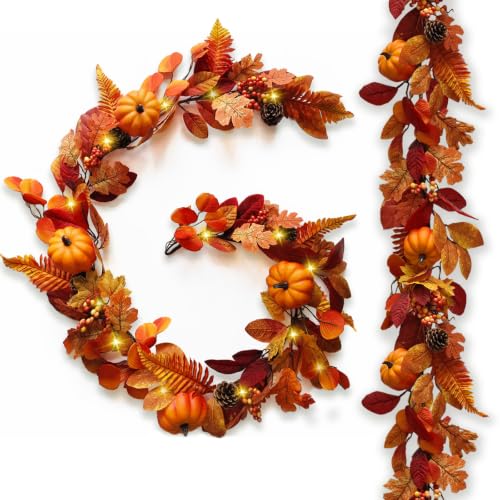Fake Pumpkin & Maple Leaves Fall Garland with Lights - 1 Piece Autumn Decor for Mantle & Porch