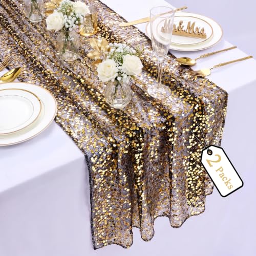 Black Gold Sequin Table Runner 120 Inch 10ft Set of 2 for Party & Event Decoration