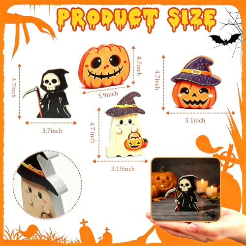 Halloween Wooden Decorations Set - Ghost Pumpkin Witch - 4 pcs, Indoor Festive Decor - Pumpkin Variation