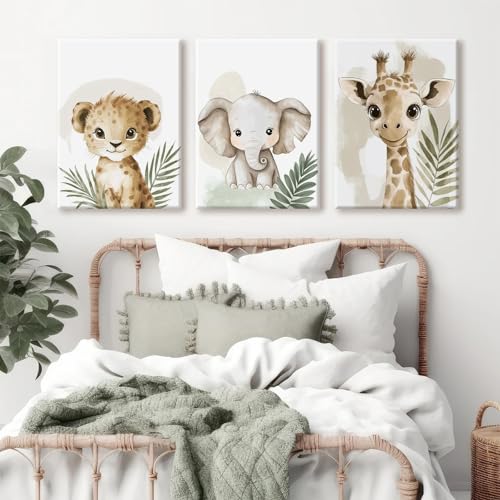 Nursery Animal Wall Art Decor Canvas Prints for Kids Room - Safari Jungle Giraffe Elephant Leaf Variation 12x16 Inch