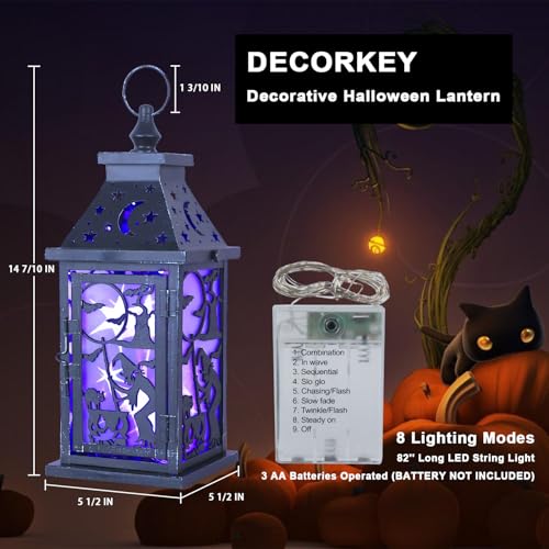 Halloween Indoor & Outdoor Lantern with Witch, Bat & Cat Variation - 14.9" Spooky Candle Decor with 82" LED Lights