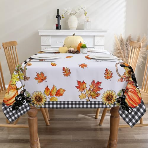 Rectangular Fall Pumpkins Tablecloth 60x84 Inch - Fade-Resistant, Spill-Resistant, Black Cat Variation