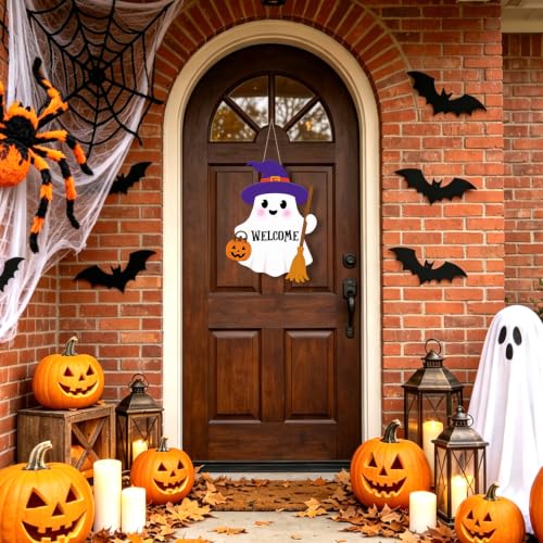 Halloween Ghost Door Wreath Hanger Sign with Welcome - White Ghost Variation