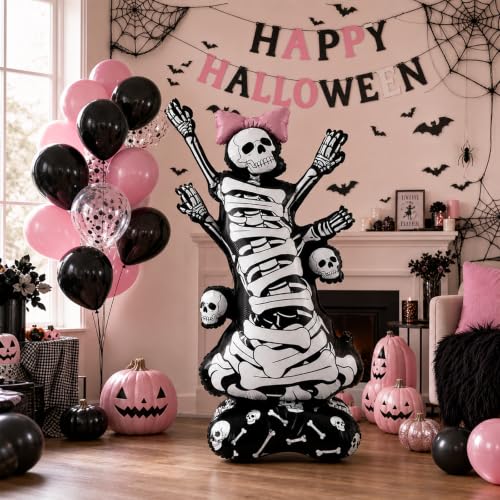 3.5FT Self-Standing Skeleton Balloon with Pink Bow Halloween Indoor Outdoor Decor - 1 PCS