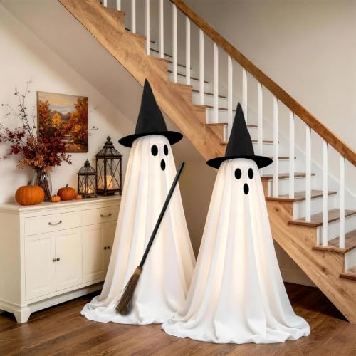 Indoor Halloween Ghost Decorations Set with Light-Up Ghosts and Broom - 2 Pack
