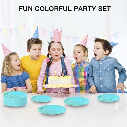 Blue Gold Paper Plates for Party 7-Inch Disposables with Gold Dot Design - 50pcs Blue Light Variation