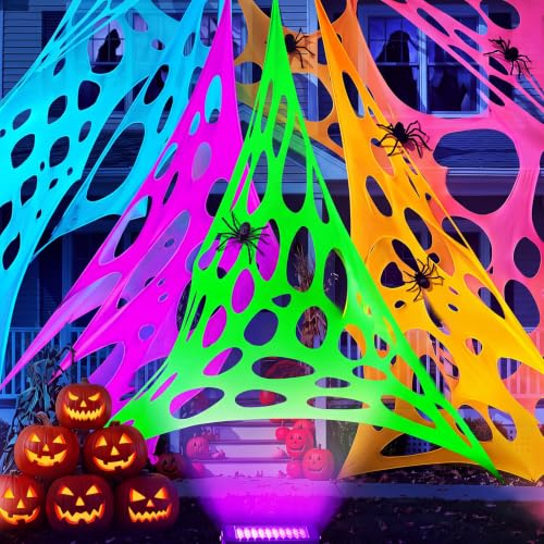Glow in The Dark Halloween Spider Web 1500 Sq Ft with Black Light & Stakes - 5 Colors