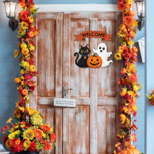 Halloween Door Hanging Decorations Black Cat Pumpkin Ghost Wreath - Fall & Holiday Decor