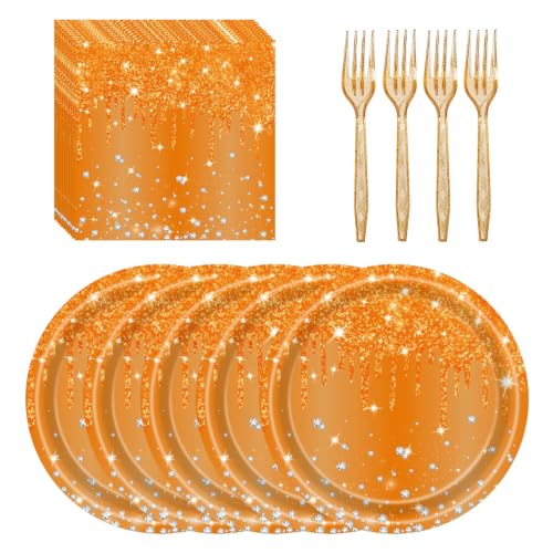 72 Pcs Orange Glitter Paper Plates Set 7in Disposable Dinnerware - Glitter / Orange Glitter