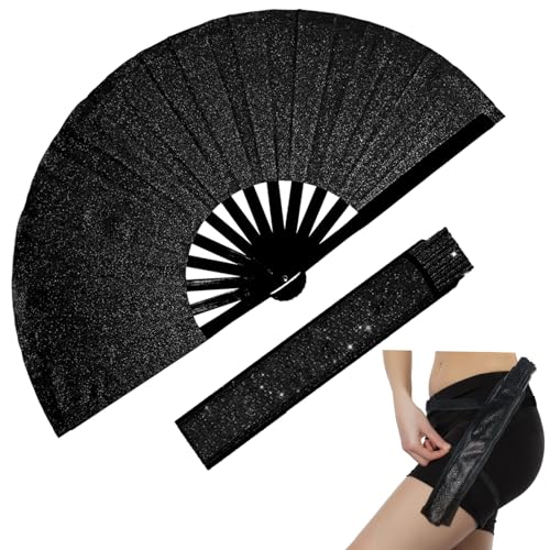 Large Folding Glitter Rave Fan with Leg Strap & Fabric Case - Black