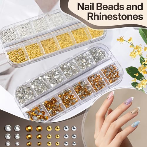 Nail Charms and Gems Kit with 4 Boxes of Gold Nail Decorations & Tools