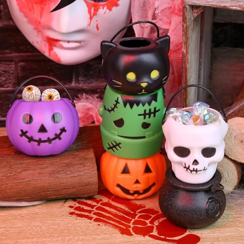 Mini Halloween Candy Buckets Set - 12PCS Cauldron Pumpkin Skull Black Cat