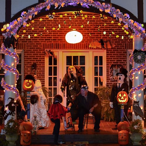 Halloween Tinsel Garland Party Decorations - 33FT Orange Purple Black with Pumpkins & Bats - Indoor Outdoor Decor