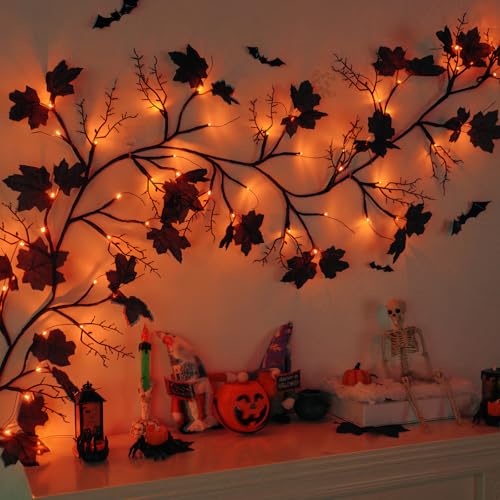 LED Willow Vine Garland with Orange Lights - Halloween Indoor Decor, 6Ft, 54 Lights, 8 Modes & Timer