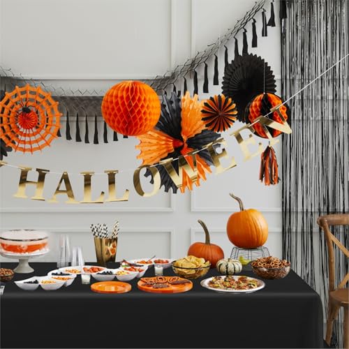 Halloween Disposable Plastic Tablecloth Set - Black, Purple, Orange, 54x108 Inches, 12 Pack