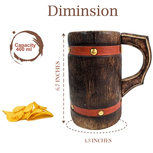 Rustic Wooden Beer Mug with Orange Leather Strap - Handmade Viking Steinkrug for Coffee Tea Ale