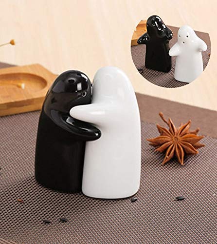 Salt and Pepper Shaker Set - Cute Couple Hug Design, Black & White Ceramic Kitchen Decor
