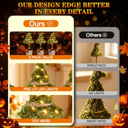 Halloween Witch Hat Topiary Decor with LED Lights - 3 Pieces, Woodland Style