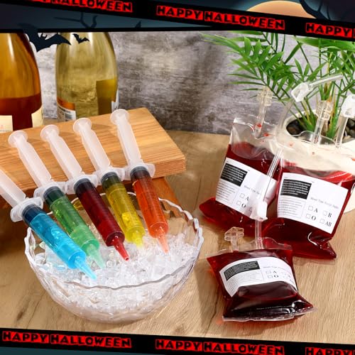 Halloween Blood Bags for Drinks 50 Sets Fake IV Bags with Syringes & Stickers - Variation of 100