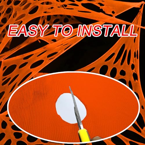 Orange Giant Spider Web Set - 1400 Sqft Glow in The Dark Halloween Decorations with Blacklights