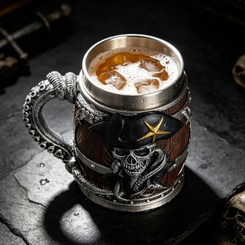 Wooden Barrel Skull Beer Mug 15.8 oz Stainless Steel Liner - Beer Gift