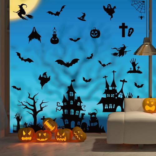 Halloween Silhouette Window Clings - Black Castle, Bat & Graveyard Design - Reusable Spooky Decor - 6 Sheets