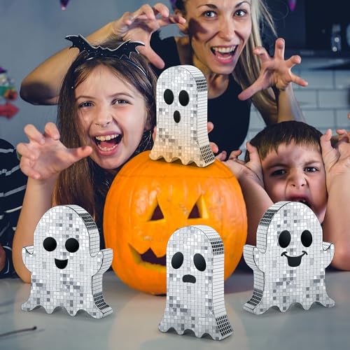 Halloween Disco Ghost Decor Set - 4 Mirrored Spooky Tabletop Decorations