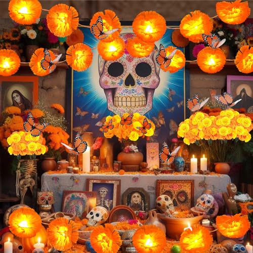 Day of The Dead Decorations Set with Marigold Garland Lights and Artificial Flowers