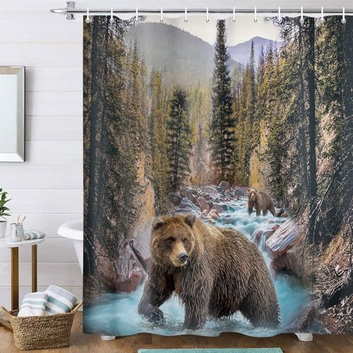 Forest Bear Shower Curtain 69x78 Inches - Misty Mountains Wildlife Bathroom Decor
