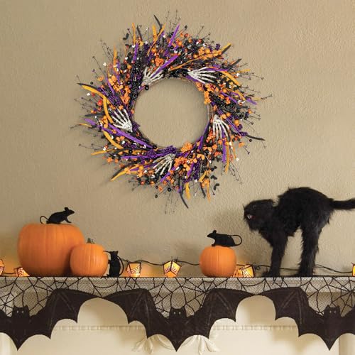 Halloween Wreath for Front Door 22 Inch Black Skeleton Decor with Berries