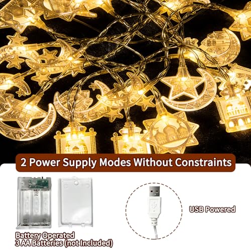 Moon Star String Lights 10FT 20 LED Fairy Lights Ramadan & Christmas Decor - Battery & USB Powered with 2 Modes Waterproof